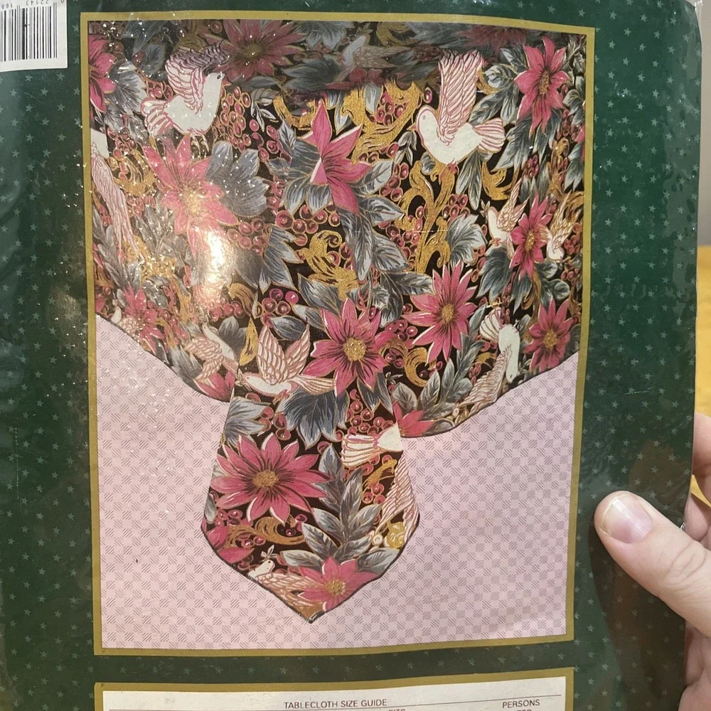Christmas Holiday Fabric Tablecloth Purple Turquoise Birds Poinsettias 60x84